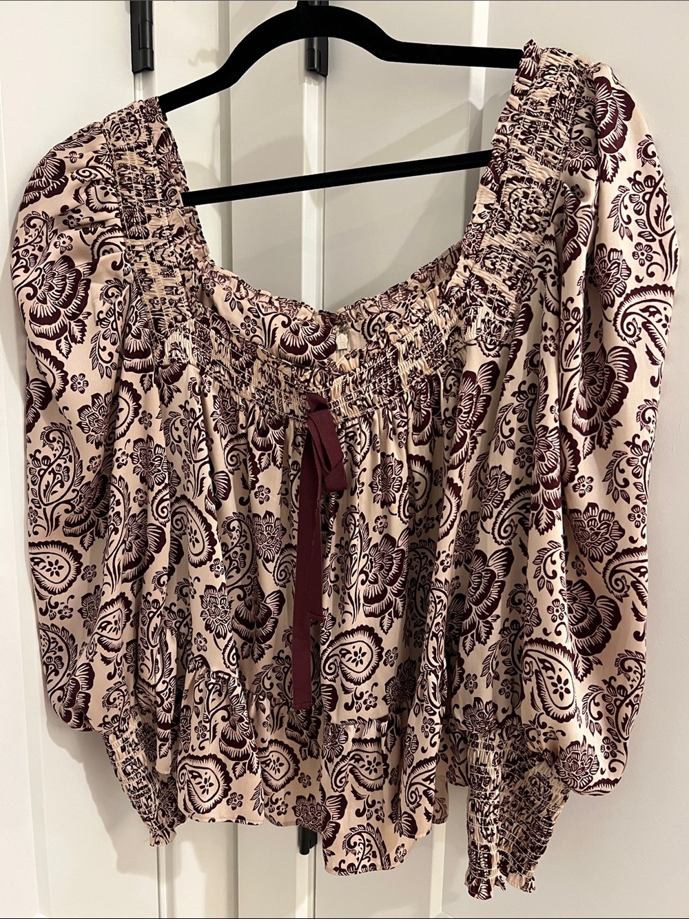 cinq a sept Blush Pink and Maroon Smocked Off-Shoulder Blouse